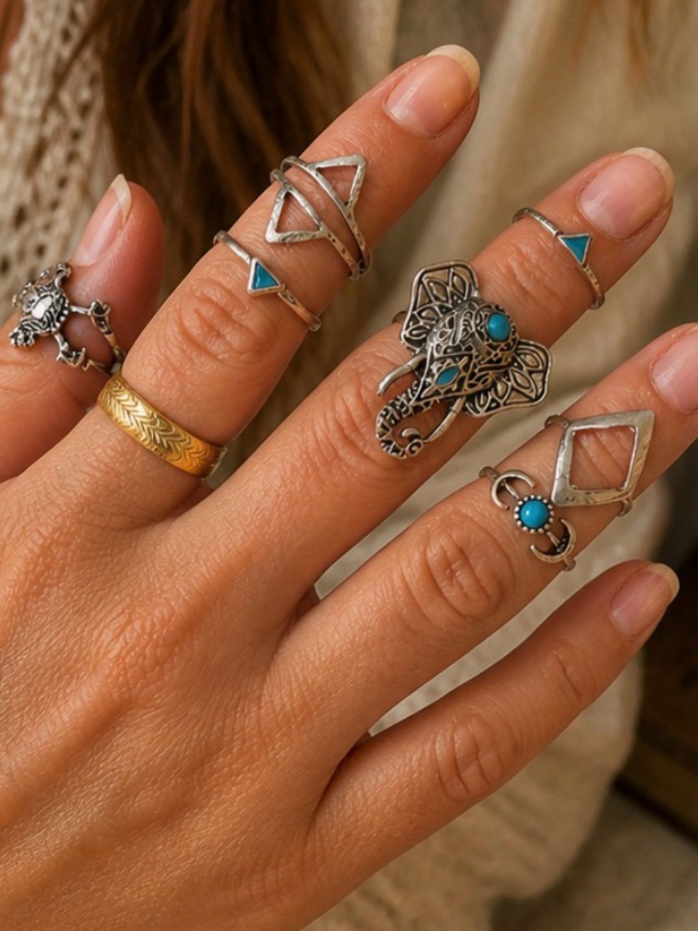 Boho Silver Ring Set (8 Pieces) w/ Turquoise, Elephant & Geometric Designs NEW